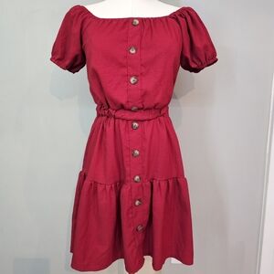 Red off shoulder dress with button details